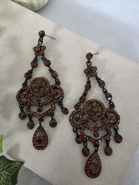 Orange Rhinestone Chandelier Statement Earrings – Black Tone